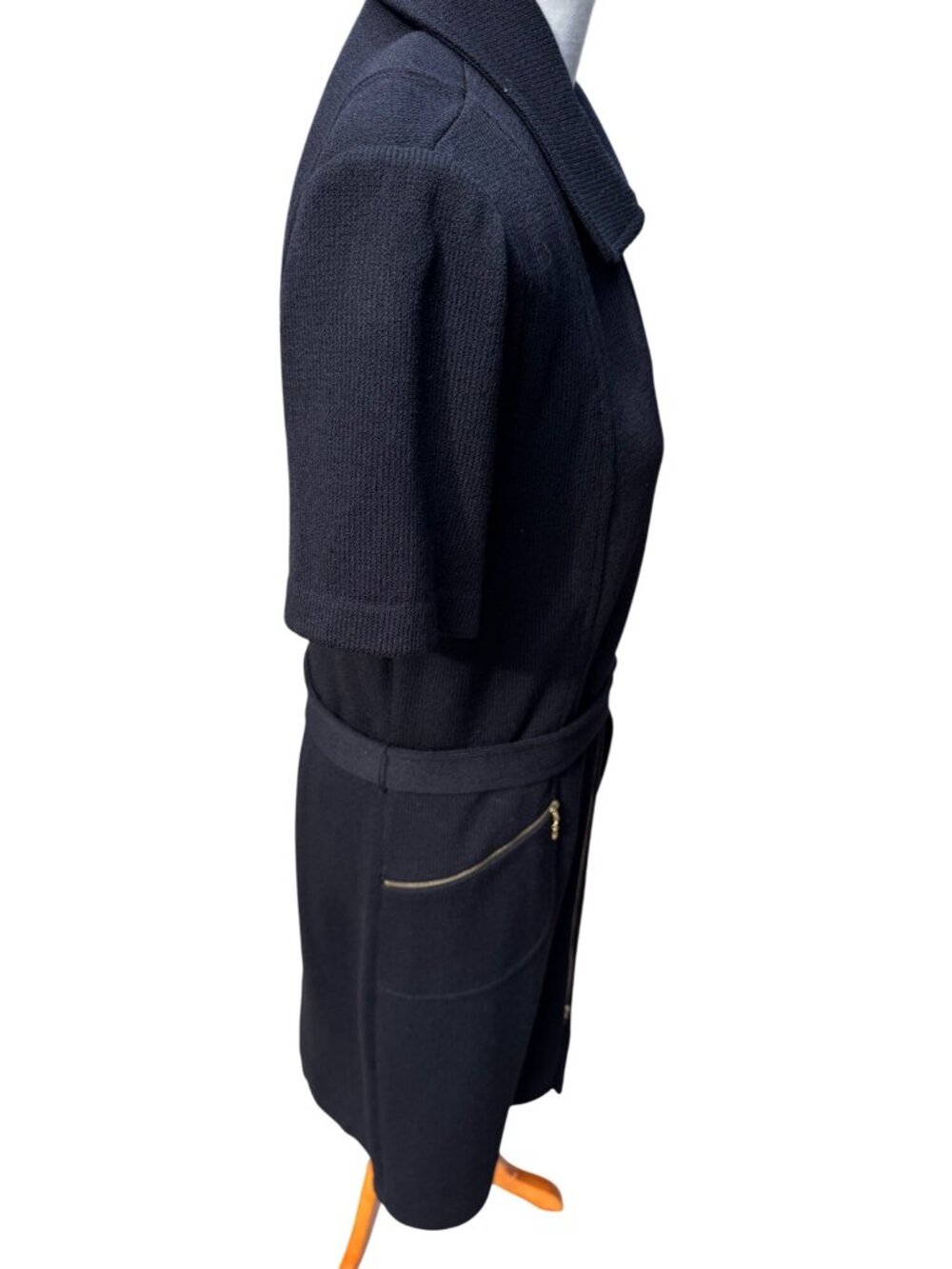 St John Collection Dress Women 12 Black Knit Belted Gold Zip Pockets USA - Picture 6 of 8